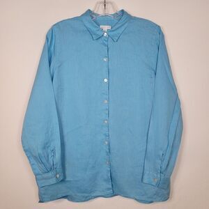 J. Jill Love Linen Top 100% Linen Womens M Petite Blue Button Up Coastal Capsule